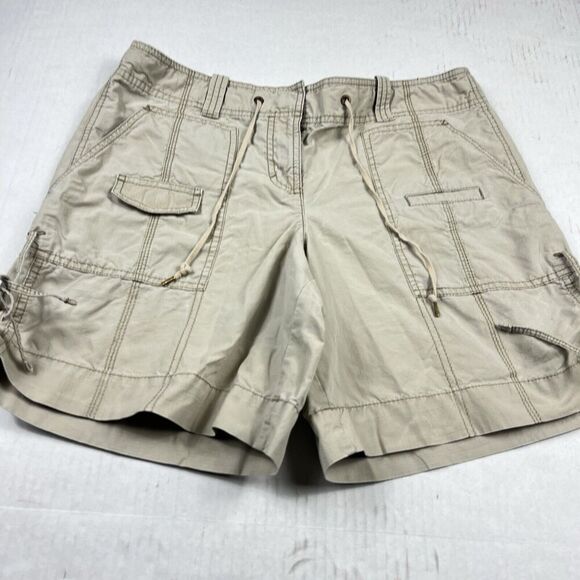 LOFT Womens Cotton Utility Shorts Beige Summer Classic Tie Hem Zip Up Size 8 - Picture 2 of 10
